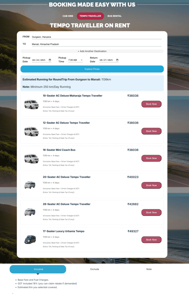 Tempo Traveller Charges Per Km